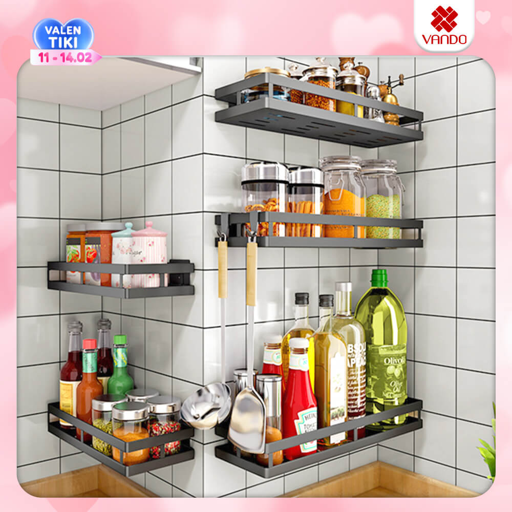 Kệ Gia Vị Dán Tường Dài 304050Cm Sơn Đen Tĩnh Điện Vando Chính Hãng - Kèm Keo Chuyên Dụng Kệ Treo Tường Bằng Thép Carbon Không Gỉ, Siêu Chịu Lực 30Kg - Dài 40Cm
