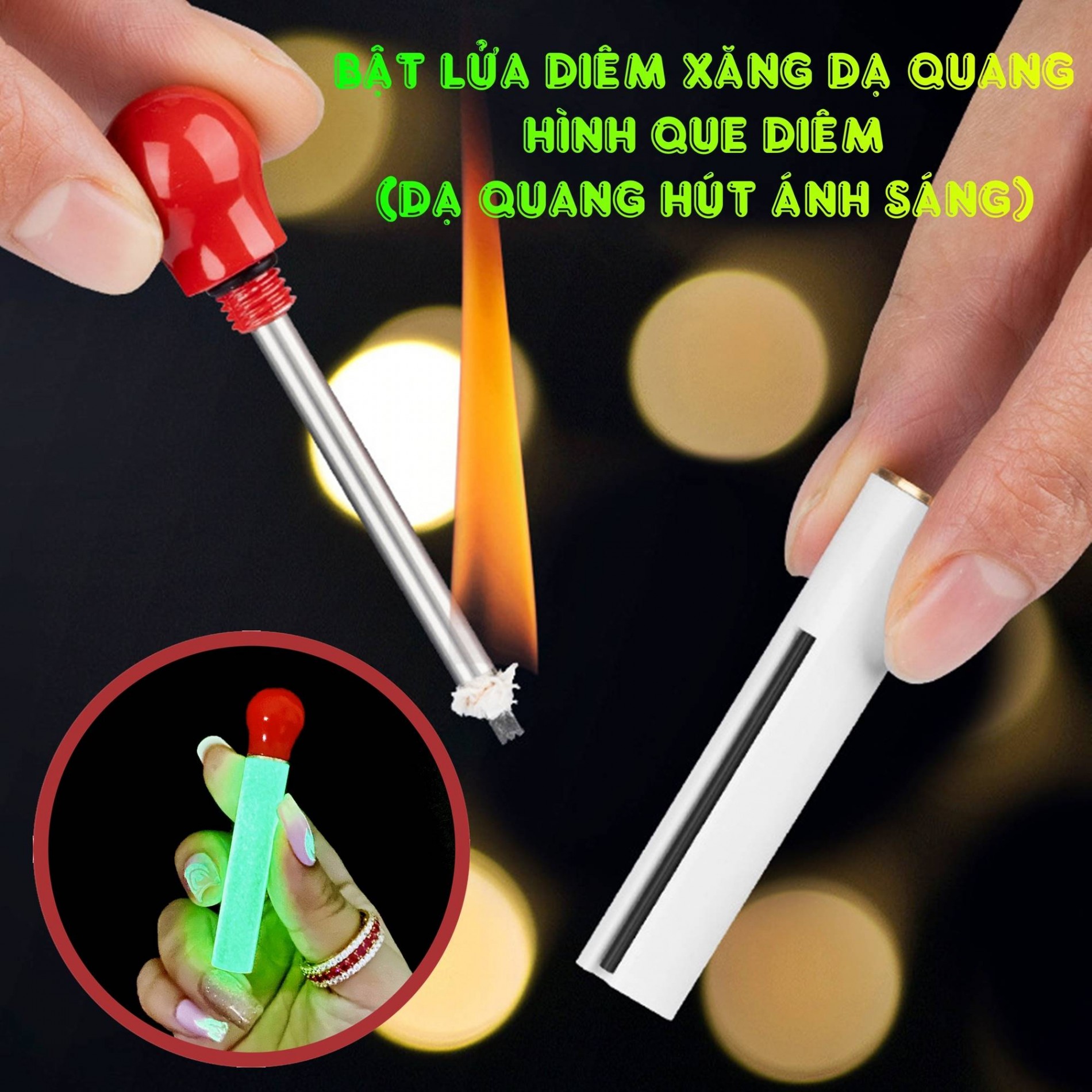 Hộp quẹt bật lửa diêm xăng dạ quang hình que diêm (dạ quang hút ánh sáng) - (xài xăng)