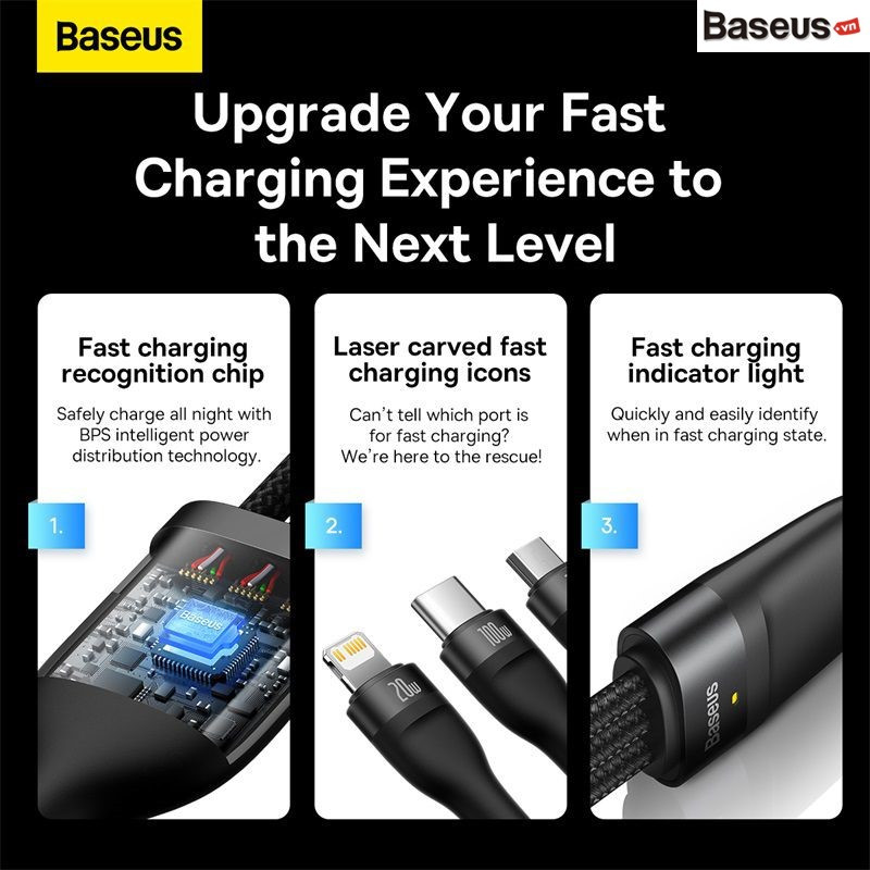 Cáp Sạc Nhanh Đa Năng 3 in 1 Baseus Flash Series Ⅱ One-for-three Fast Charging Cable - hàng chính hãng