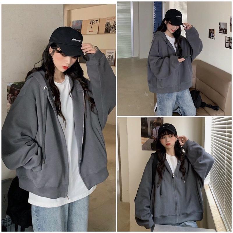 Áo khoác nỉ trơn oversize phong cách ulzzang , áo hoodie nỉ mũ to form rộng một màu xám