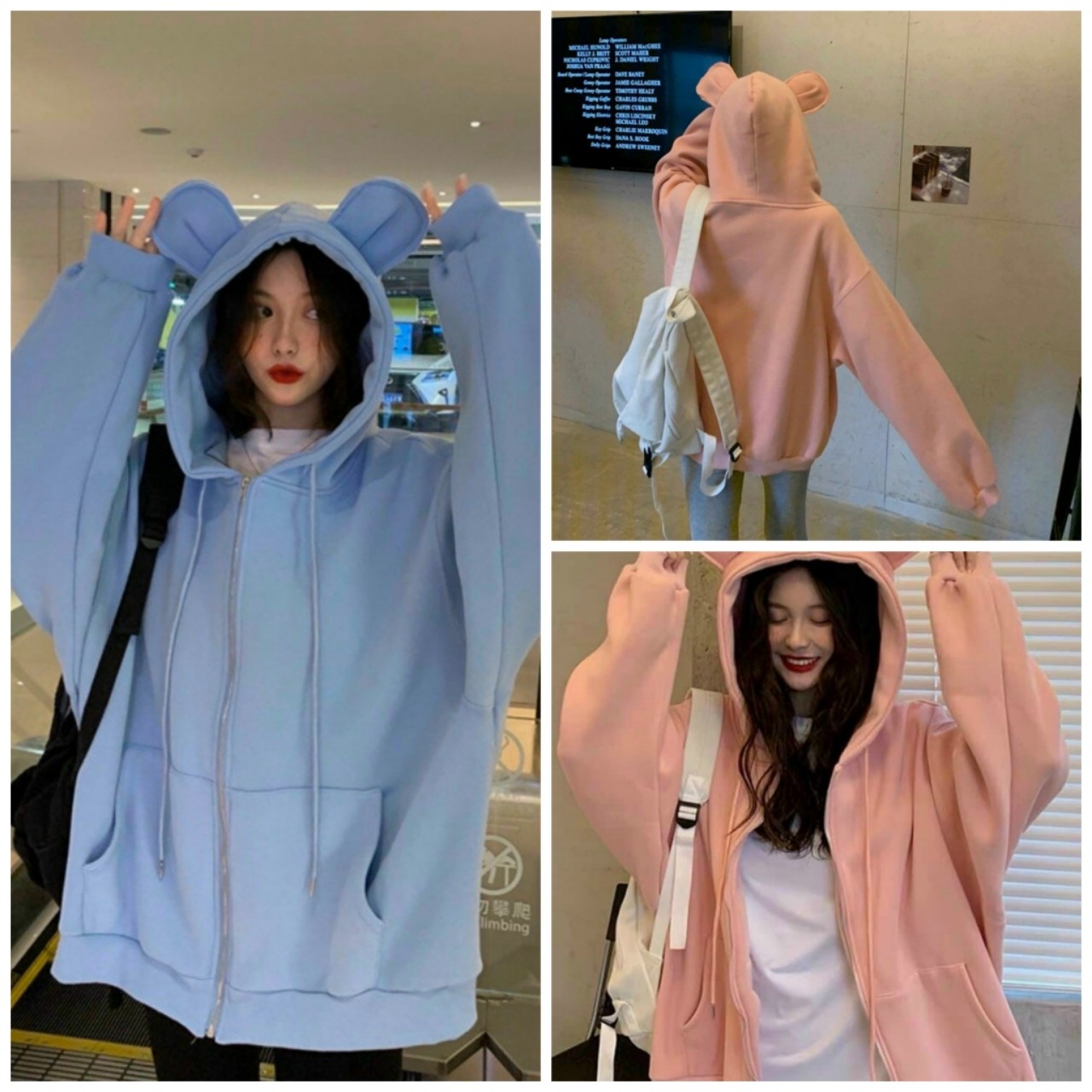 Áo Khoác Nữ Tai Thỏ GẤU Kiểu Hoodie Có Khóa Kéo Rộng Unisex -Vải Nỉ Chống Nắng Thu Đông