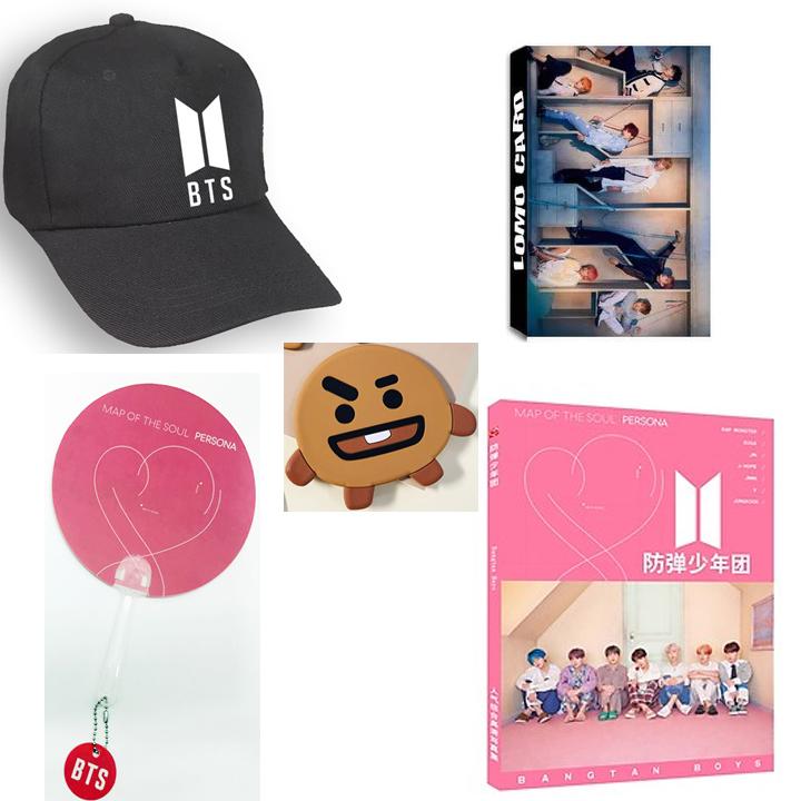 Combo 5 món đồ BTS gồm gương BTS chibi mũ quạt tròn cầm tay photobook lomo