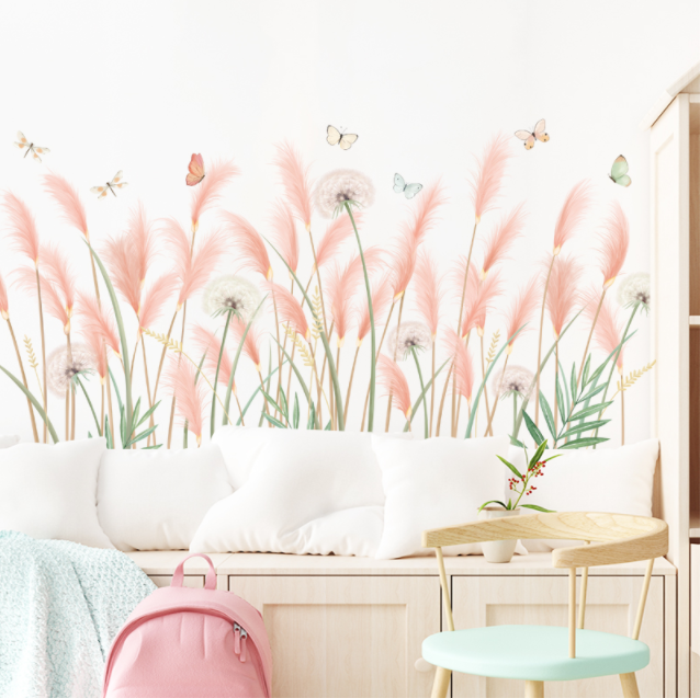 Decal trang trí tường - Chân tường cỏ bông lau hồng