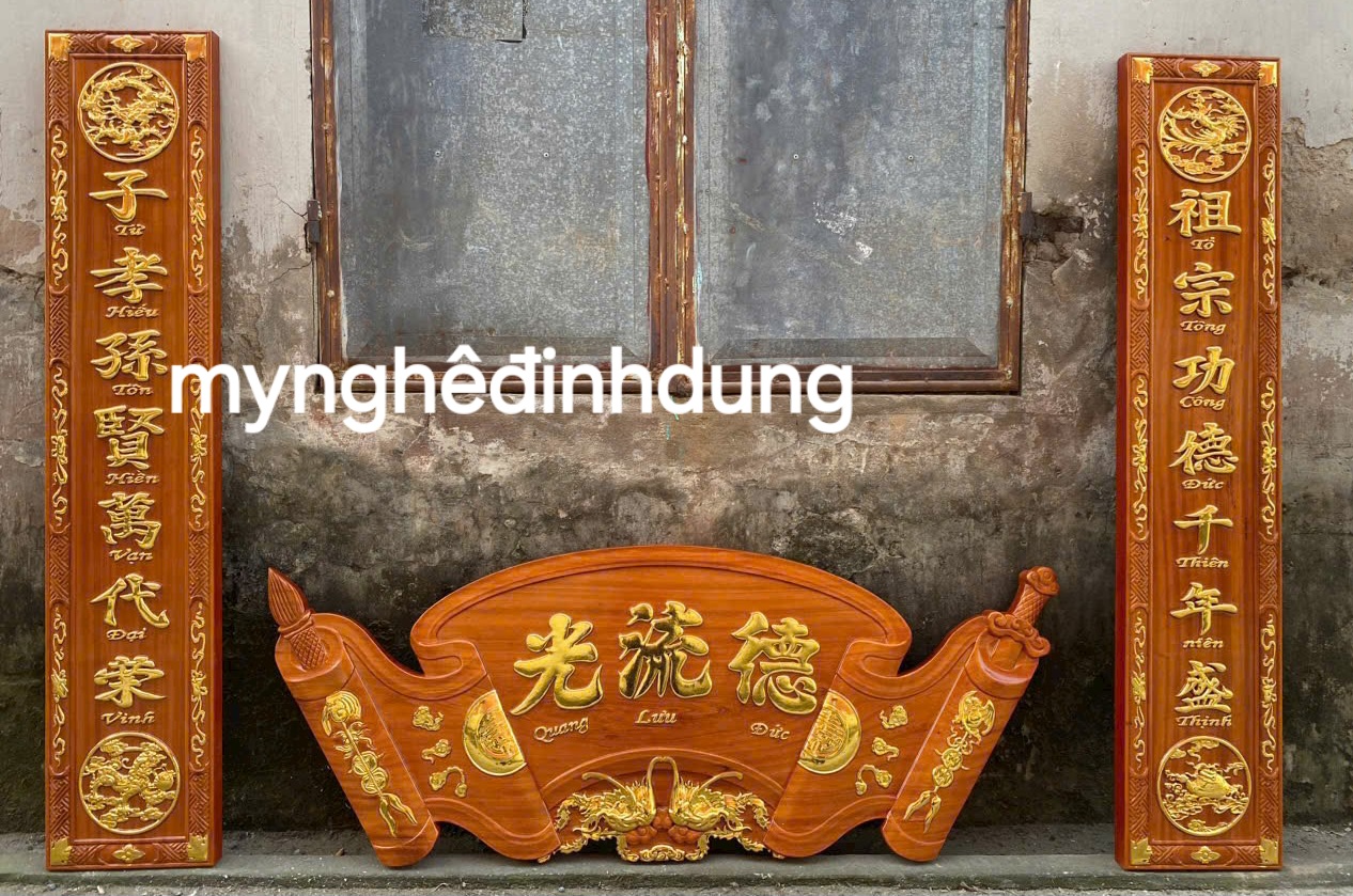 Bộ hoành phi câu đối bằng gỗ hương sơn pu giả cổ đẹp long lanh