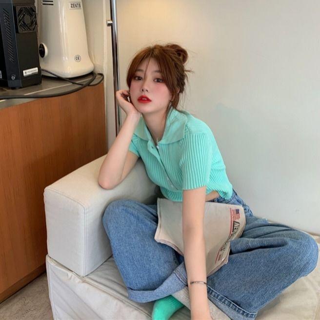 Áo croptop dệt kim tay ngắn cổ polo thời trang Hàn Quốc thanh lịch