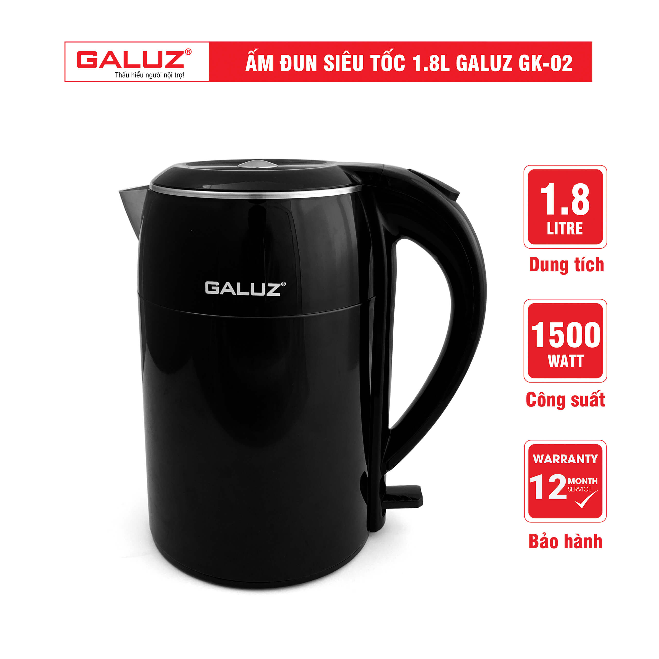 Ấm đun nước Galuz Gk02 dung tích 1.8L công suất 1500W - Hàng chính hãng