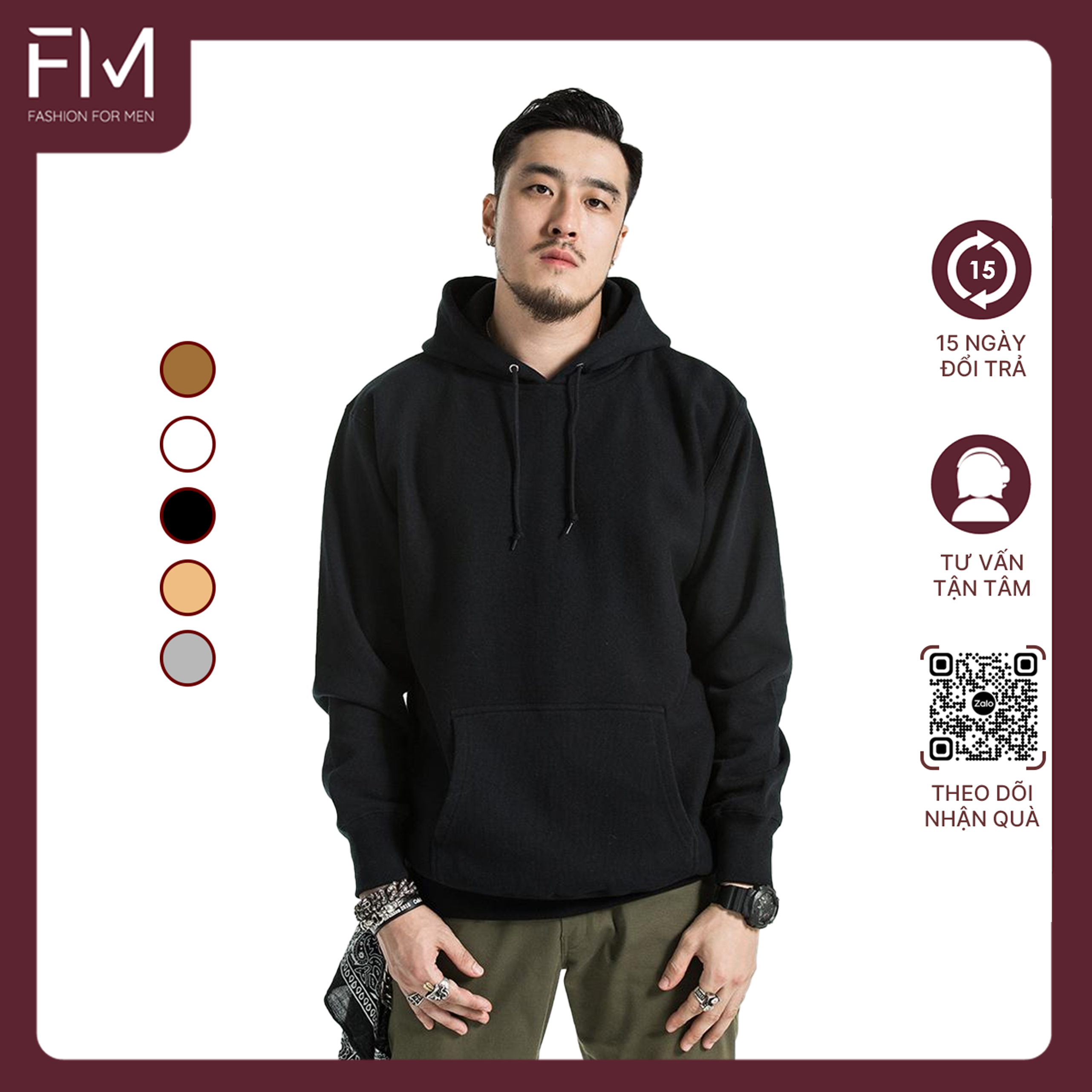 Áo hoodie trơn màu đen thời trang trẻ trung, năng động - FORMENSHOP - FM5GV016