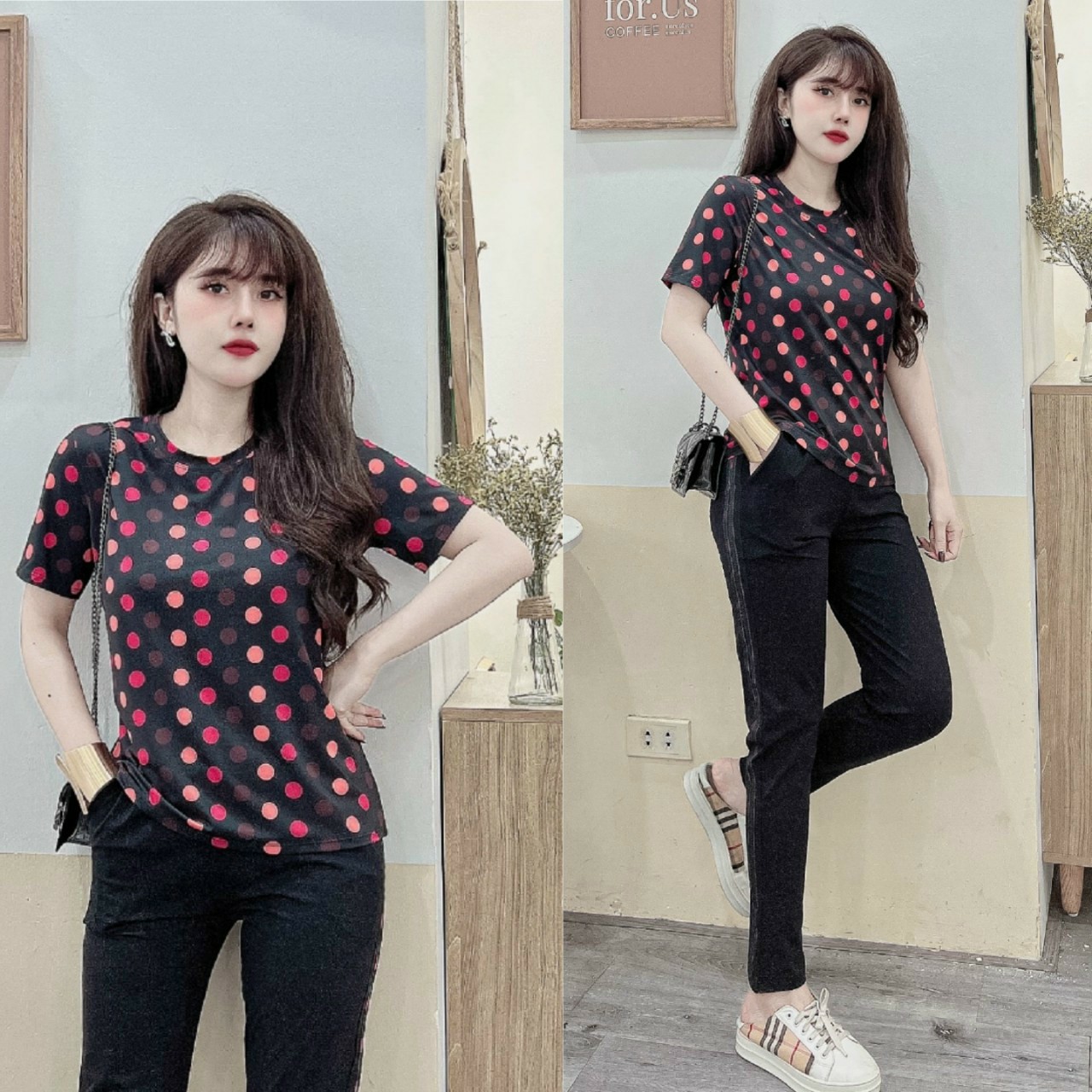 Đồ bộ dài thun cotton dáng thể thao chấm bi màu (2 màu: đen, kem