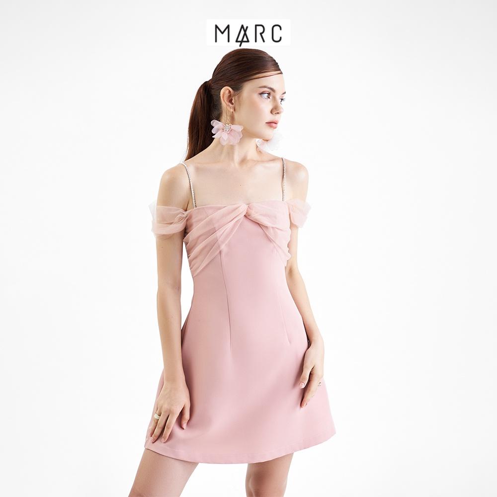 Đầm 2 dây nữ MARC FASHION đính đá trễ vai xoắn ngực phối lưới FALH102122