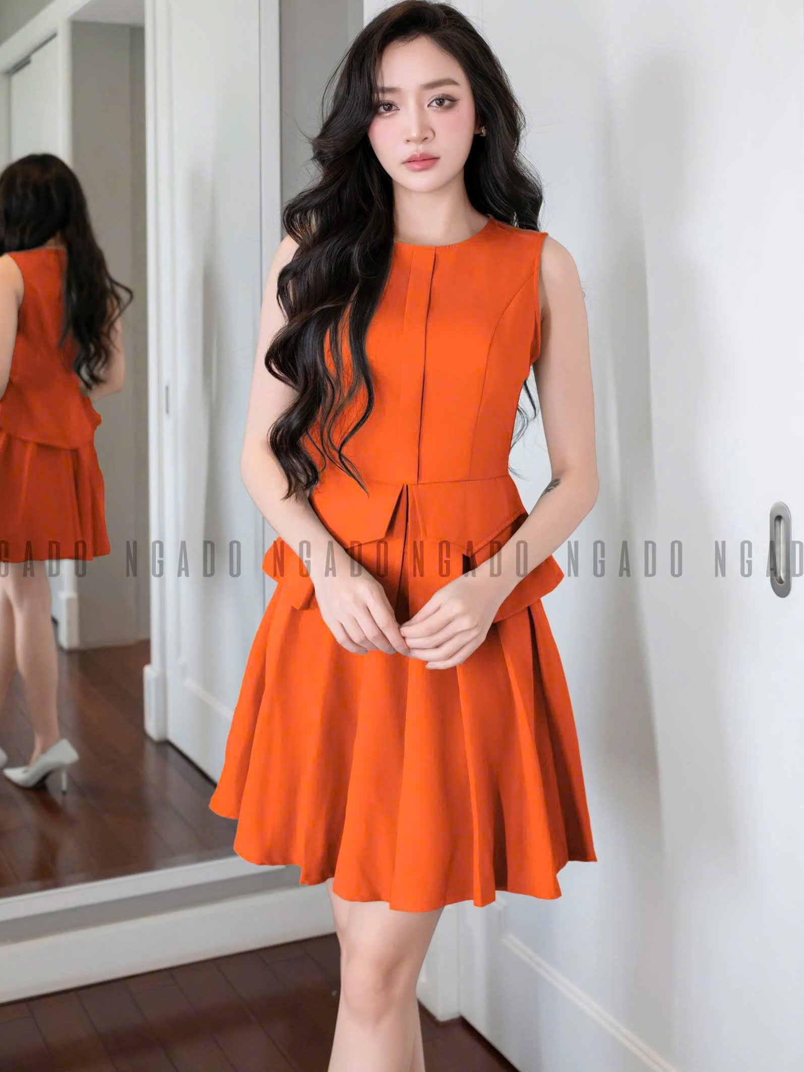 Set áo váy cam xếp ly NGADO , set áo váy ngắn , set áo váy nữ , set công sở