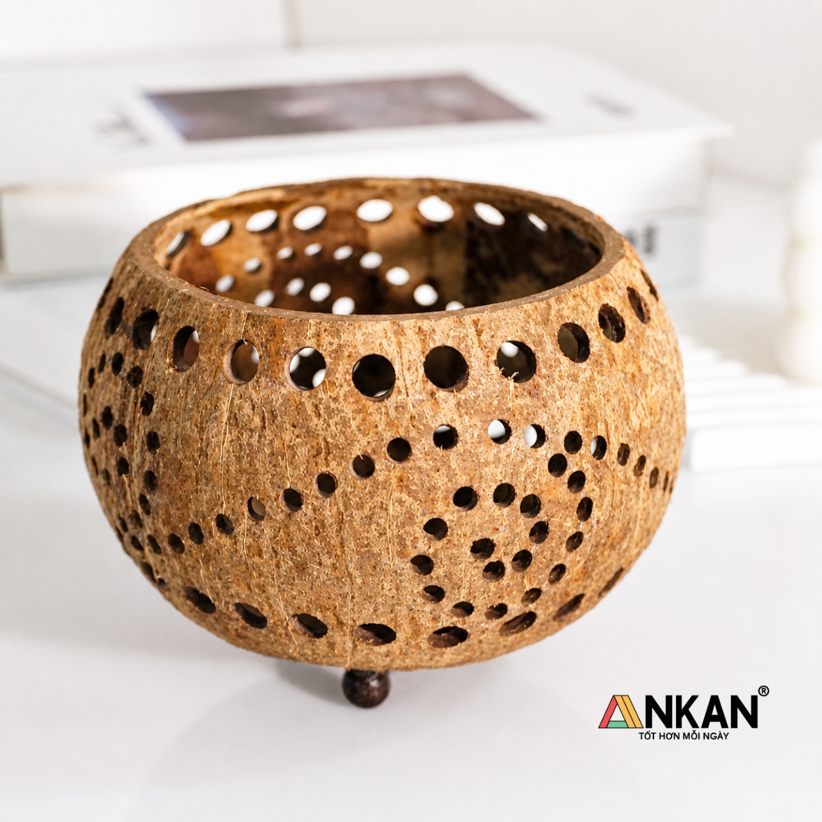 Đèn Nến Gáo Dừa ANKAN Họa Tiết Xoắn Ốc Tealight Decor Handmade Vintage – Trang Trí Spa, Cafe, Thư Giãn