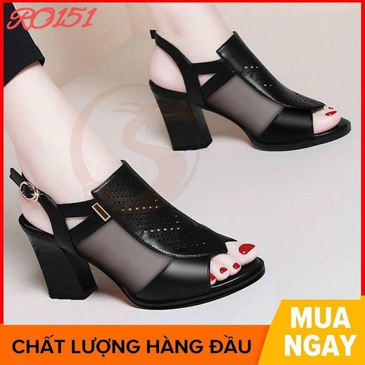 Giày sandal nữ cao gót đế cao 7 phân hàng hiệu rosata màu đen kem ro151