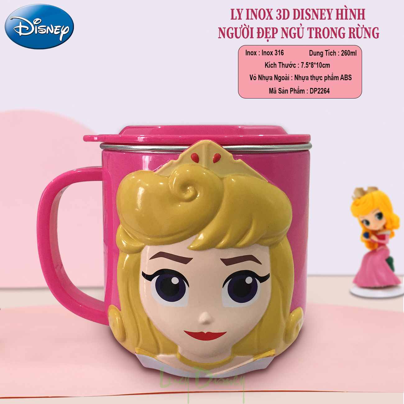 Ly giữ nhiệt Disney có nắp hình Aurora nổi 3D cho bé 260ml - LYAURORA