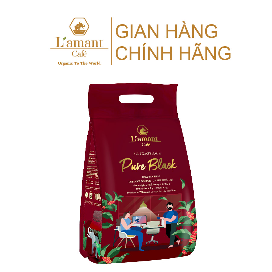 Cà phê hòa tan đen L'amant vị nguyên chất Pure Black (Túi 100 gói x 2gr)