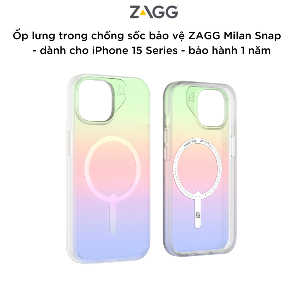 Ốp lưng chống sốc bảo vệ ZAGG Milan Snap cho iPhone 15 Series tương thích sạc không dây, bảo hành 1 năm - hàng chính hãng