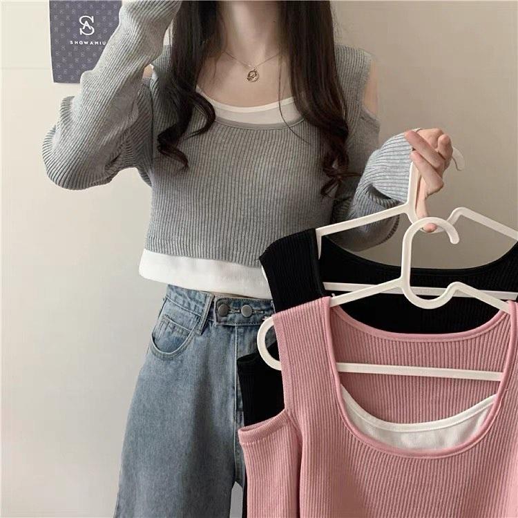 Áo Croptop Nữ Tay Dài DAILY Phối Layer Xẻ Vai Vải Thun Gân Ulzzang