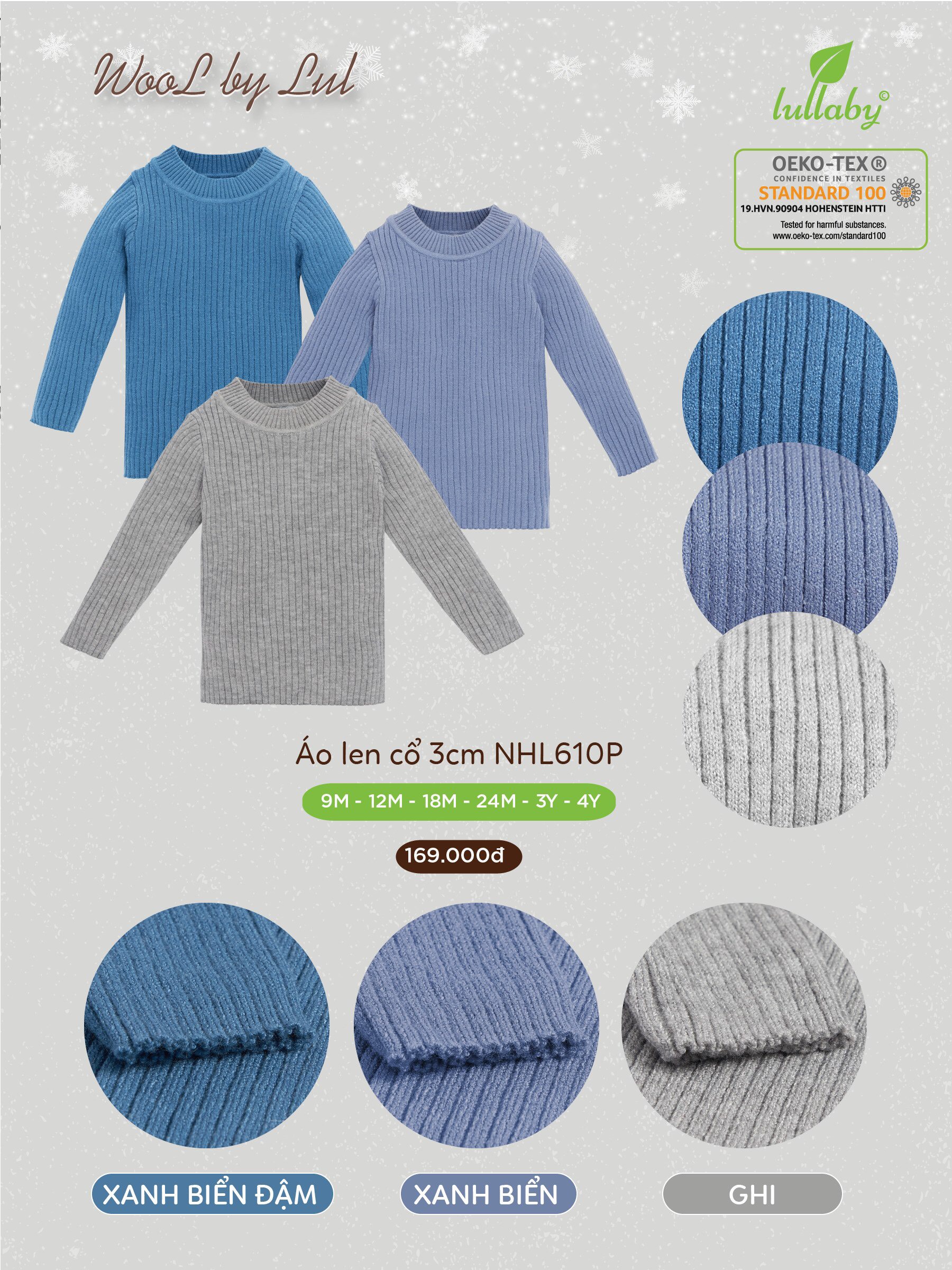 Áo len bé trai cổ 3 phân Lullaby NHL609P, áo cổ lọ len cotton siêu mềm mịn