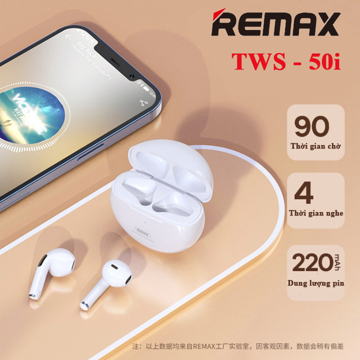 Tai nghe Bluetooth TWS Remax TWS-50i V5.1 Thiết kế nhỏ gọn, Thời trang (Trắng) HÀNG CHÍNH HÃNG