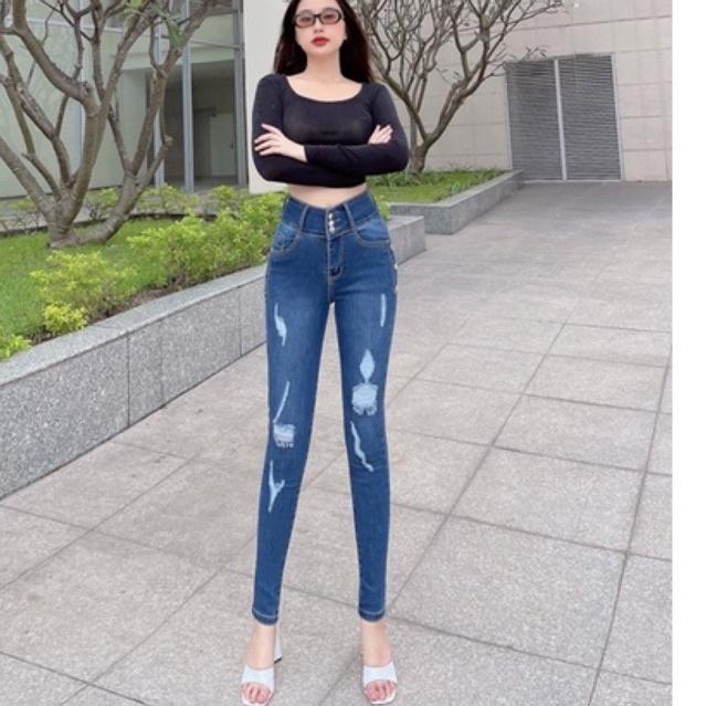 Quần Jeans Nữ Lưng Cao Co Giãn Phối 3 Nút Sườn Rách Thời Trang