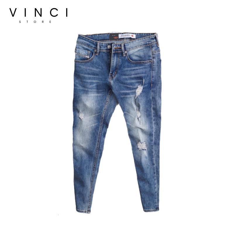 Quần Jean Nam Rách Ống Côn Slim Fit Màu Bụi