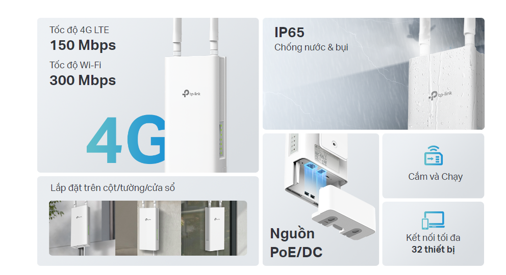 Bộ Phát Wifi 4G LTE TP-Link TL-MR100-Outdoor ngoài trời (300 Mbps/ Wifi 4/ 2.4 GHz) - Hàng Chính Hãng