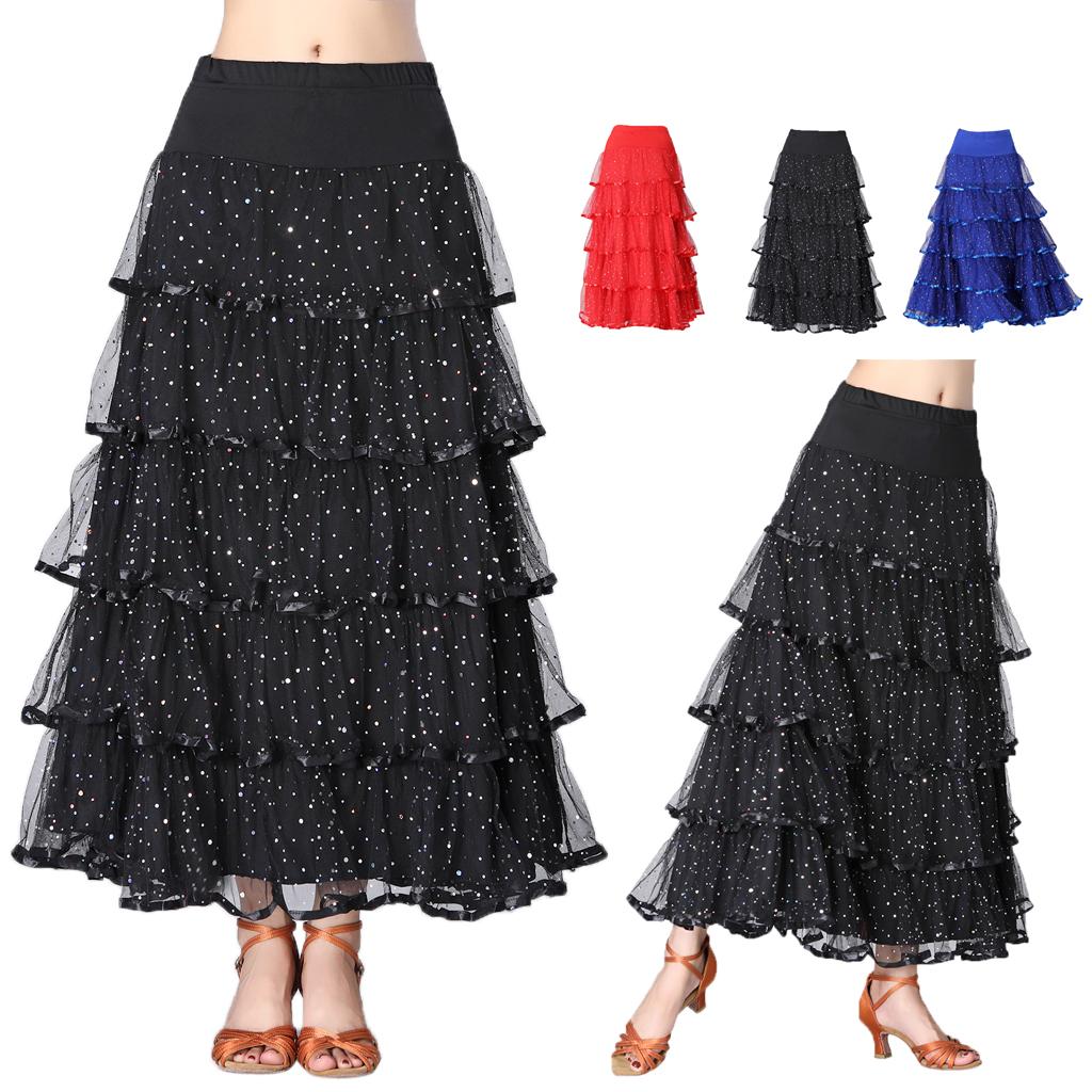 Womens Full Wing Flamenco Ballroom Modern Dance Skirt Full Swing Mesh Skirts