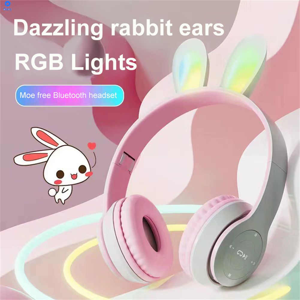 Tai Nghe Over-Ear Bluetooth P47R tai thỏ GROWNTECH có thể gập lại đèn led 7 màu dễ thương âm thanh sống động có đệm tai êm tai (MÀU NGẪU NHIÊN)