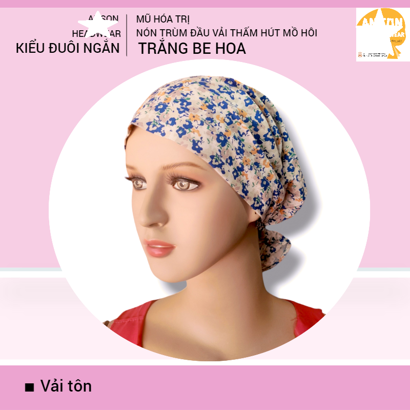 Nón hóa trị vải mềm mát, hút mồ hôi, bệnh nhân ung thư, chemo hat, nón trùm đầu [KIỂU ĐUÔI NGẮN-TRẮNG BE HOA]