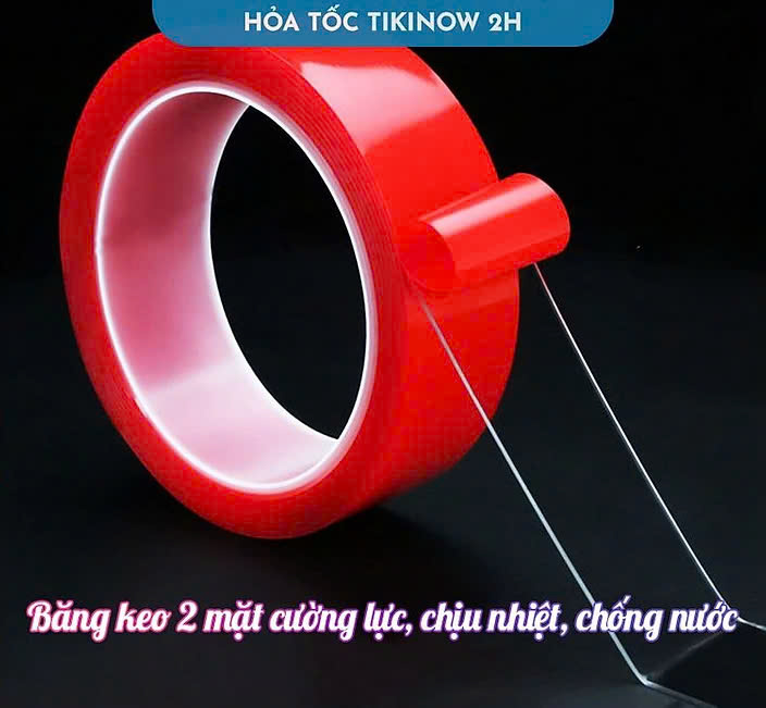 Băng Keo 2 Mặt Nano Đỏ Cường Lực Trong Suốt Siêu Dính, Chịu Nhiệt, Chống Nước Rộng 20mm x 3 mét