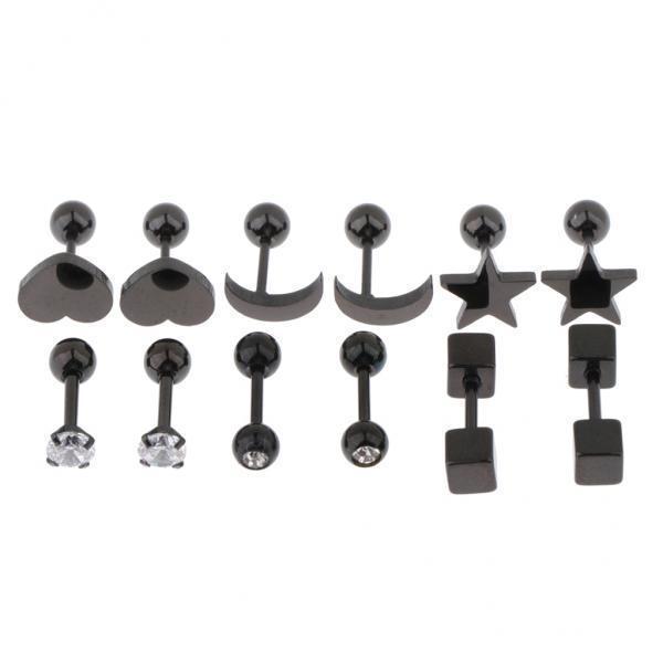 2X 6 Pairs Stainless Steel Ball Screw Back Earrings Star Heart Moon Stud Black