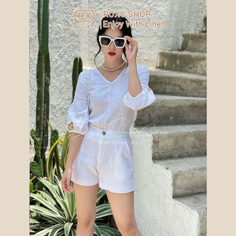 Set Bộ Đồ Nữ Linen Quần Đùi Áo Cổ Tim Tay Dài Thêu Hoa