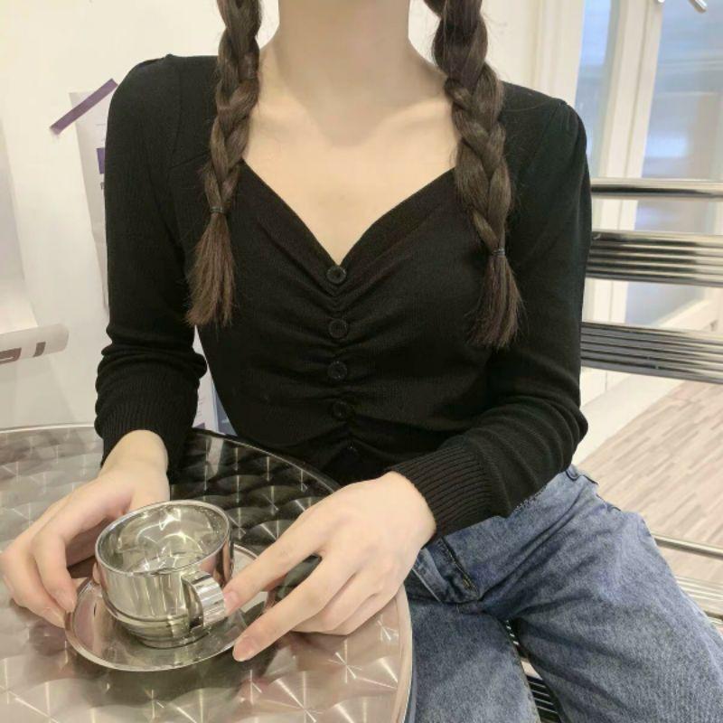 ÁO KIỂU THUN PHỐI NÚT TRƯỚC DÀI TAY