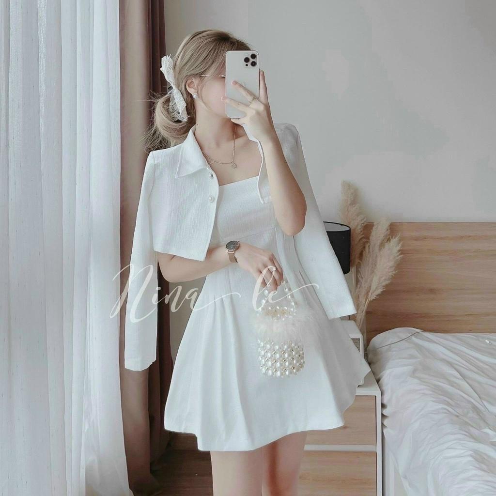 Đầm nữ dự tiệc dạo phố,set váy 2 dây dáng xòe kết hợp áo khoác ngoài trắng xinh xắn sang chảnh thời trang