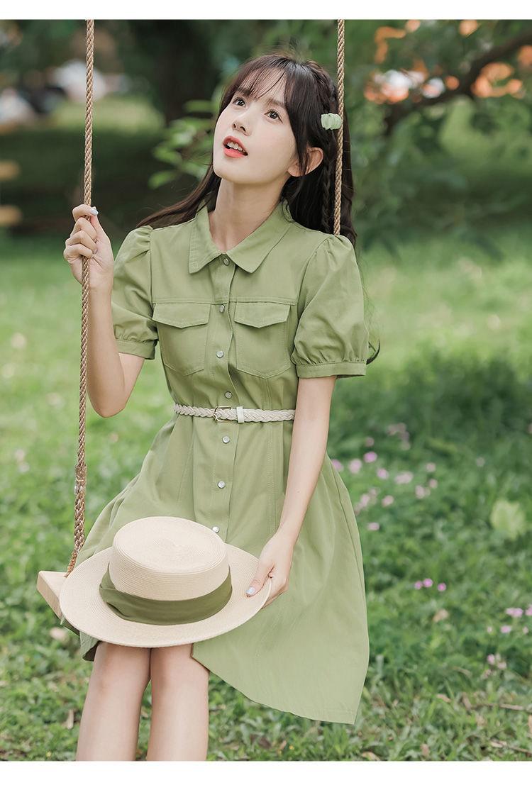 CHENGRUI Tặng thắt lưng, váy ngắn tay, váy ngắn tay, váy mùa hè, váy thắt lưng.