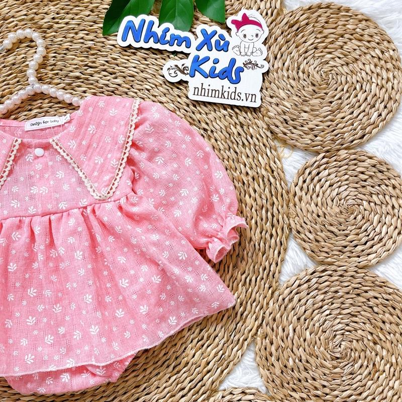 Body Váy Lá Hồng Bé Gái 3 Đến 12kg, Áo Liền Quần Bé Gái Chất Đũi Thông Hơi Phối Ren