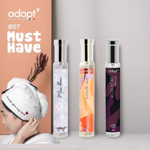 BST Nước Hoa Nữ Adopt' Must Have Gồm 3 Mùi Rose Noire+ Musc Blanc + Peach Me,Tặng Khăn Ủ Tóc Cực Xinh