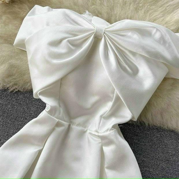 Váy đầm dự tiệc thiết kế trễ vai phối nơ cách điệu màu trắng tinh khôi sang chảnh thời trang nữ XM Minh Phúc