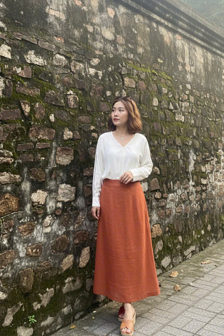 Váy Midi Linen, Váy Dài Linen Cam Gạch SKI055 thời trang thiết kế Hity