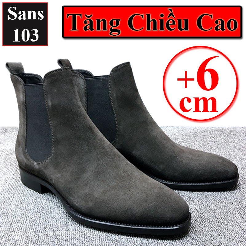 Chelsea boots da lộn nam Sans103 giầy boot cao cổ bốt đen nâu đế cao tăng chiều cao 6cm bigsize lớn 42 43 44 45 46 47 48 - Xám - Tăng Cao 6cm - 40