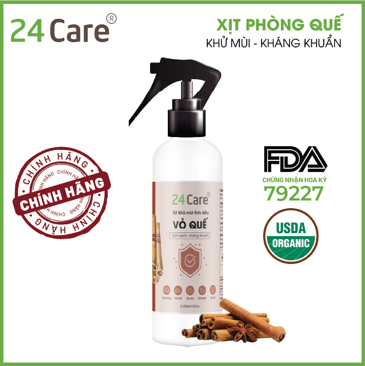 [Tự chọn 9 mùi] Xịt Phòng Tinh Dầu Hữu Cơ Organic 24Care 250ML - Kháng khuẩn - Khử mùi hôi - Đuổi muỗi, côn trùng - Hương thơm thư giãn