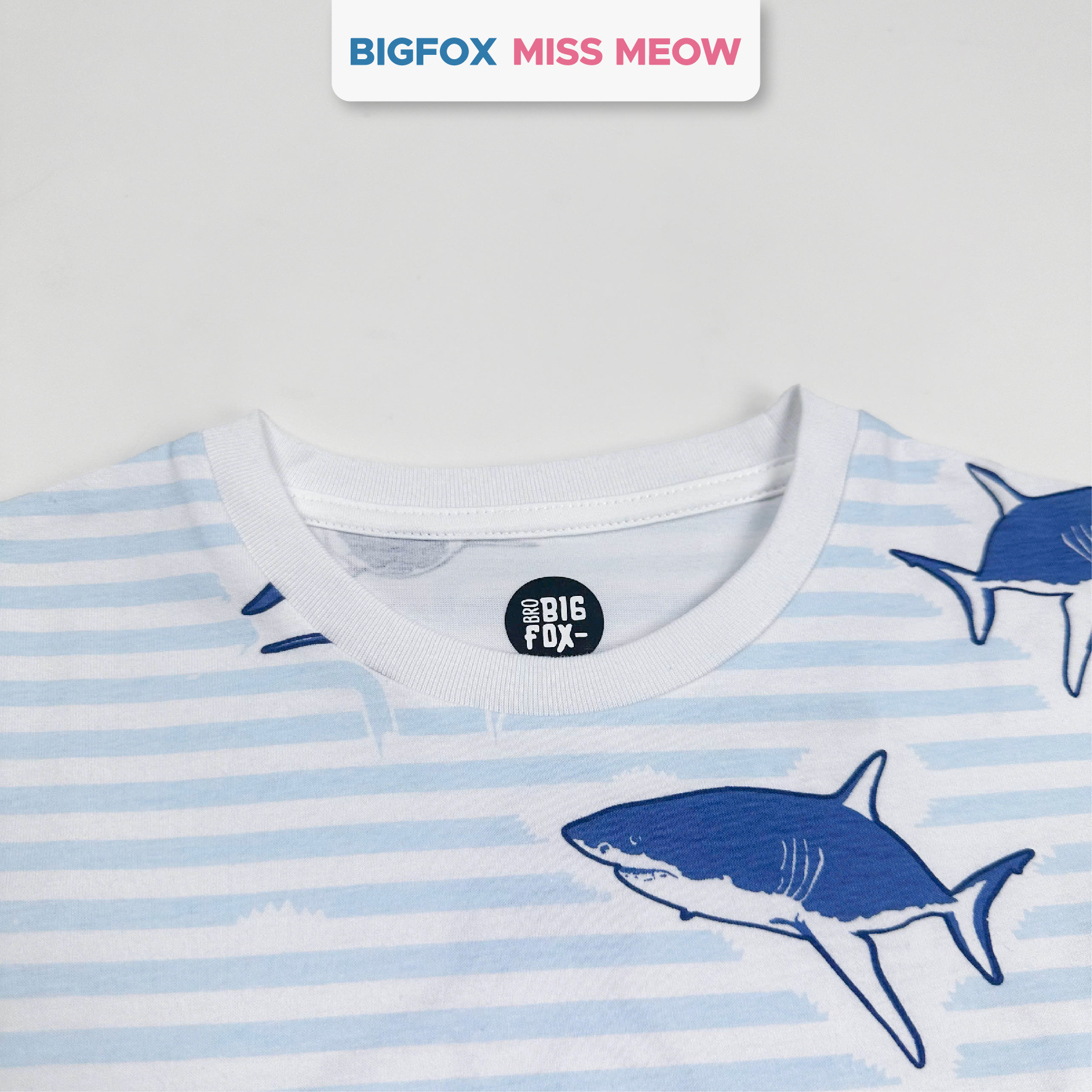 Bộ cotton bé trai Bigfox Miss Meow size đại cộc tay mùa hè in cá mập cỡ 3,7,9,11 tuổi 30kg 40kg