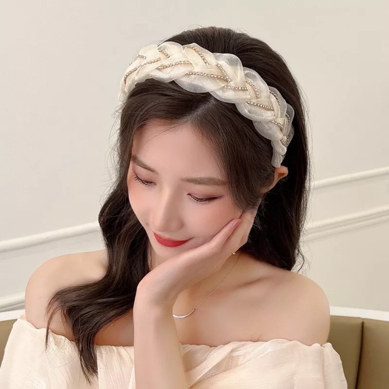 Băng đô cài tóc thời trang nữ bện thừng đính đá