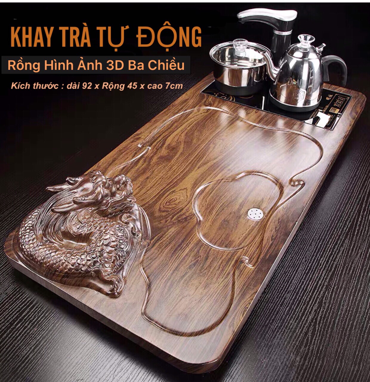 Bàn trà điện thông minh tự động đa năng Tượng Rồng khung gỗ cao cấp TR14-Phong cách trà đạo,Một bộ đủ món như hình