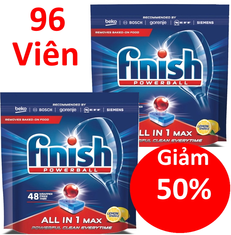 Viên rửa bát Finish All In 1 Max 96 v (là viên rửa chén cao cấp chuyên dùng cho máy rửa chén) - Combo 2 gói viên rửa bát 48 tabs nhập khẩu từ ba lan