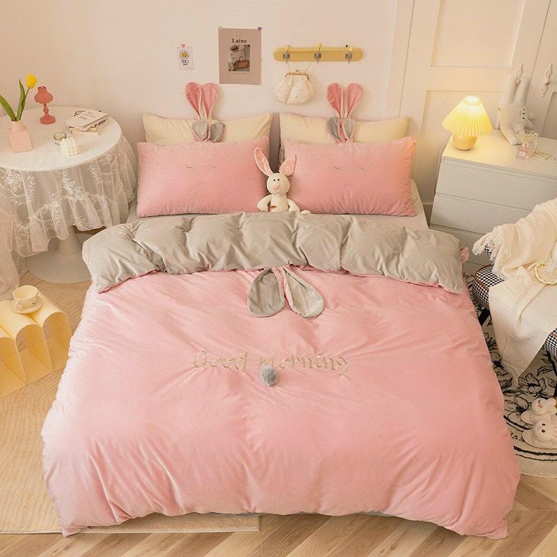 Bộ Chăn Ga Gối Nỉ Nhung HIN BEDDING, Bộ Chăn Ga Gối Nỉ Tai Thỏ Đáng Yêu Mềm Mịn Cao Cấp