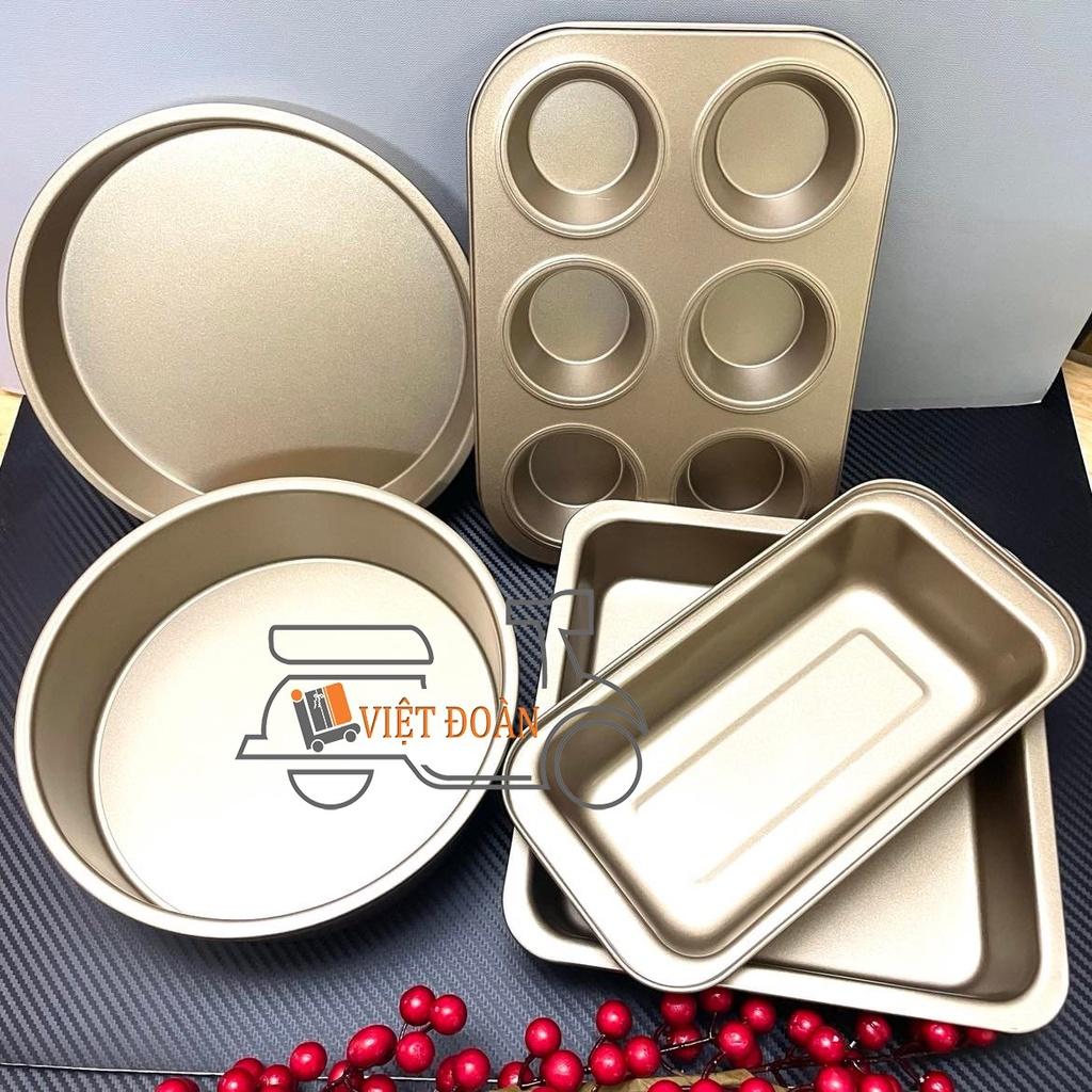 BỘ 5 KHUÔN nướng BÁNH BÔNG LAN, BÁNH MÌ BƠ, CUPCAKE, ĐẾ PIZZA - THÉP CARBON CHỐNG DÍNH, màu VÀNG sang trọng. Đồ Gia Dụng nhà bếp pha chế làm bánh nguyên liệu