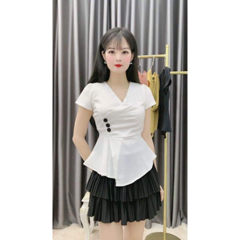 Áo Kiểu Ngắn Tay Dáng Công Sở _ Thiết Kế Tà Áo Lệch, Cổ Chữ V