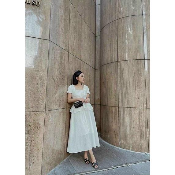Đầm midi trắng peplum bèo hở lưng