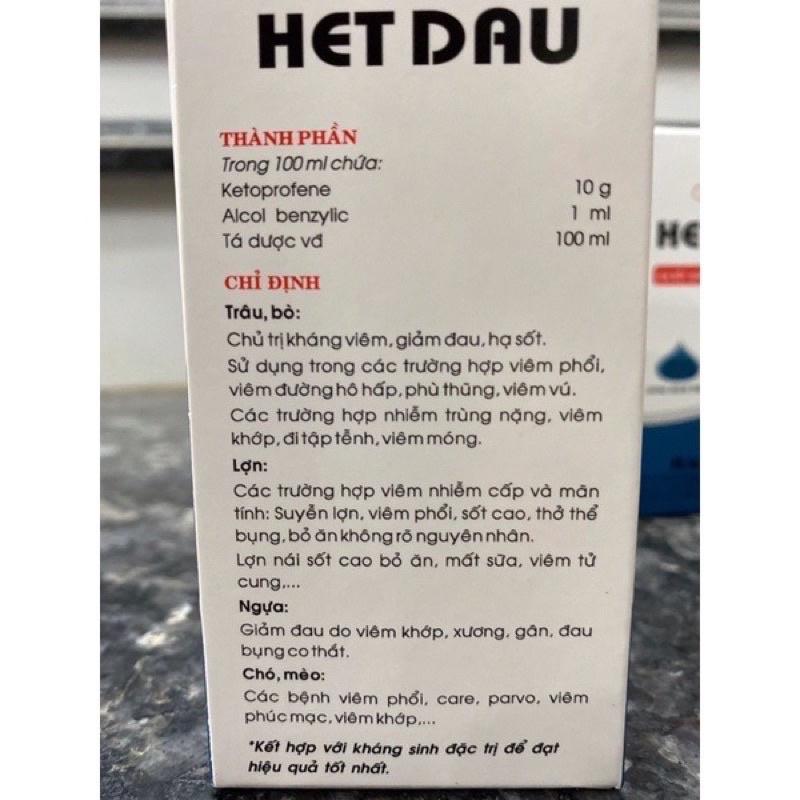 1 lọ HET DAU 100ml hạ sốt, giảm dau, chống phù nề dùng cho trâu bò lợn gà chó mèo