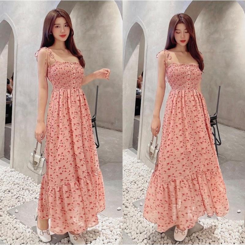 Đầm maxi hai dây cột vai đi biển đi dạo hoa nhí phối nút gỗ hình thật đủ màu siêu đẹp